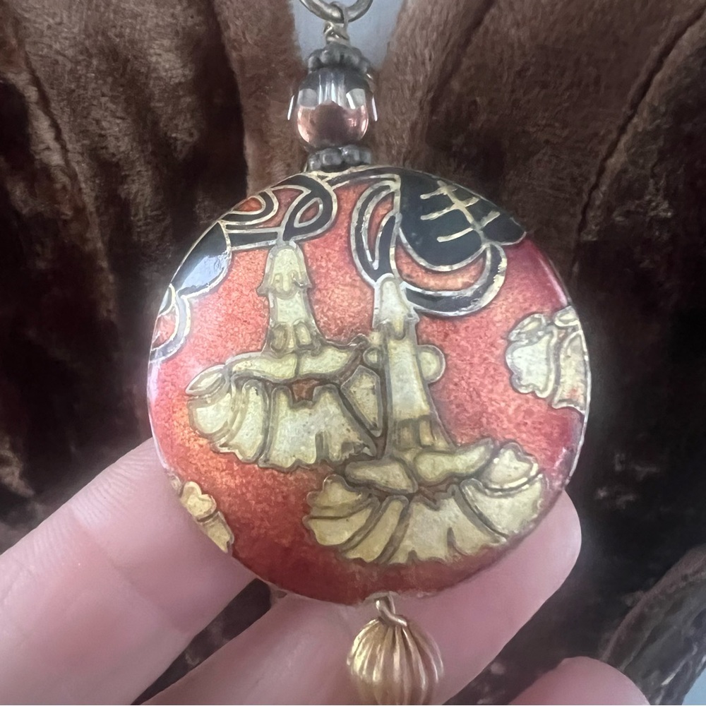 Vintage Cloisonne Enamel Floral Pendant Necklace